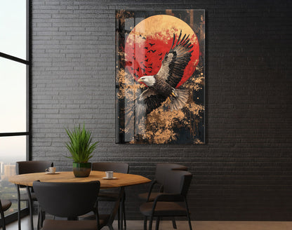Altın Dokulu Zeminli Kartal Cam Tablo – Güçlü Liderlik ve Özgürlük Temalı Duvar Dekoru - Peony081