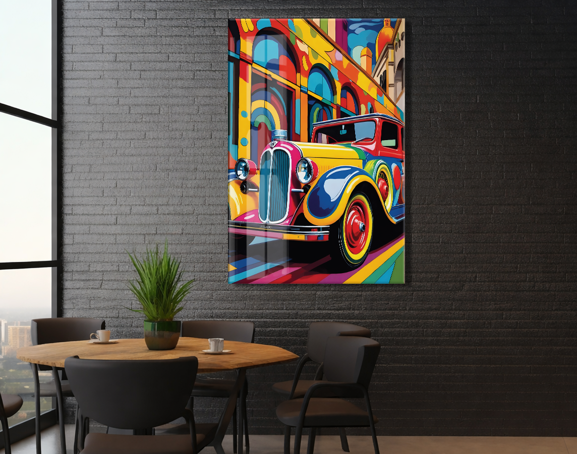 Renkli Klasik Araba Cam Tablo – Retro Otomobil Temalı Modern Pop Art, UV Baskılı Temperli Cam Duvar Tablosu - Peony036