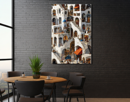 Modern Akdeniz Mimari Cam Tablo – Sokak ve Merdiven Temalı Sanatsal UV Baskılı Temperli Cam Duvar Tablosu - Peony018