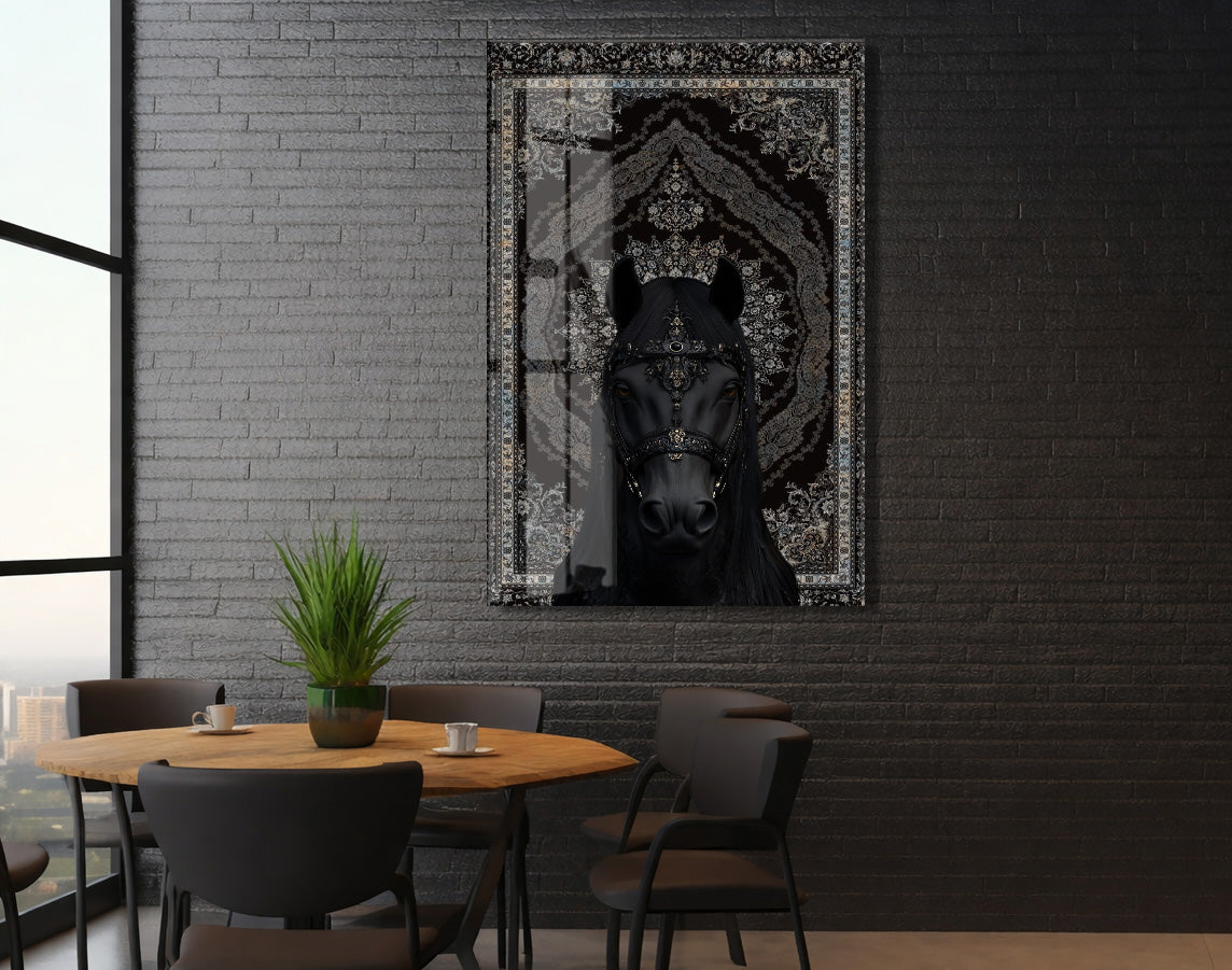 Siyah Asil At Figürlü Cam Tablo – Oryantal Desenli Güç ve Zarafet Temalı Duvar Dekoru - Peony057