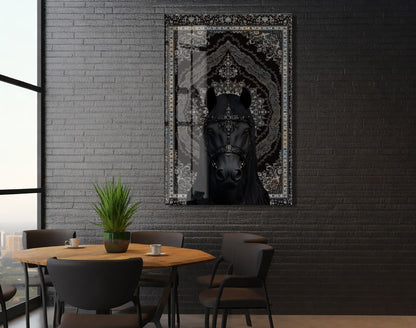 Siyah Asil At Figürlü Cam Tablo – Oryantal Desenli Güç ve Zarafet Temalı Duvar Dekoru - Peony057