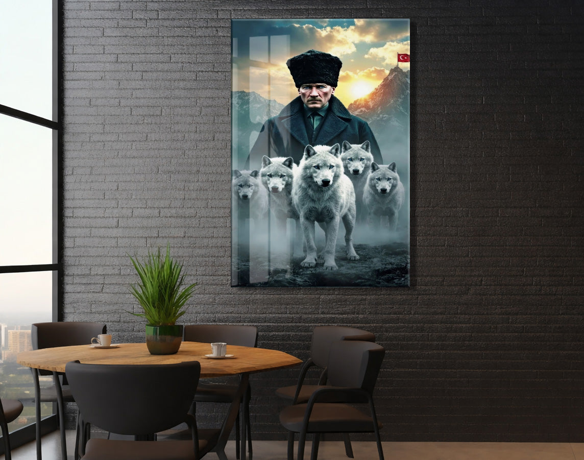 Atatürk ve Kurtlar Cam Baskı Tablo | Güç ve Liderlik Temalı Modern Sanatsal Duvar Dekoru, 4mm Temperli Cam, Yüksek Çözünürlüklü UV Baskı PeonyAta043