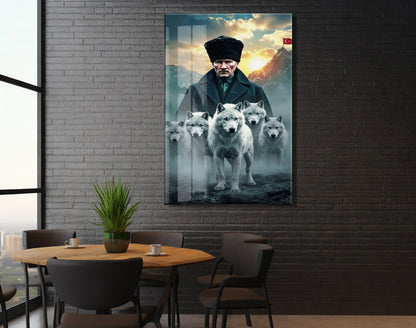 Atatürk ve Kurtlar Cam Baskı Tablo | Güç ve Liderlik Temalı Modern Sanatsal Duvar Dekoru, 4mm Temperli Cam, Yüksek Çözünürlüklü UV Baskı PeonyAta043