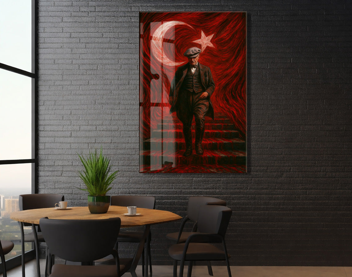 Atatürk Sanatsal Cam Tablo – Ay Yıldızlı Kırmızı Fonlu Devrim Temalı Duvar Sanatı -PeonyAta062