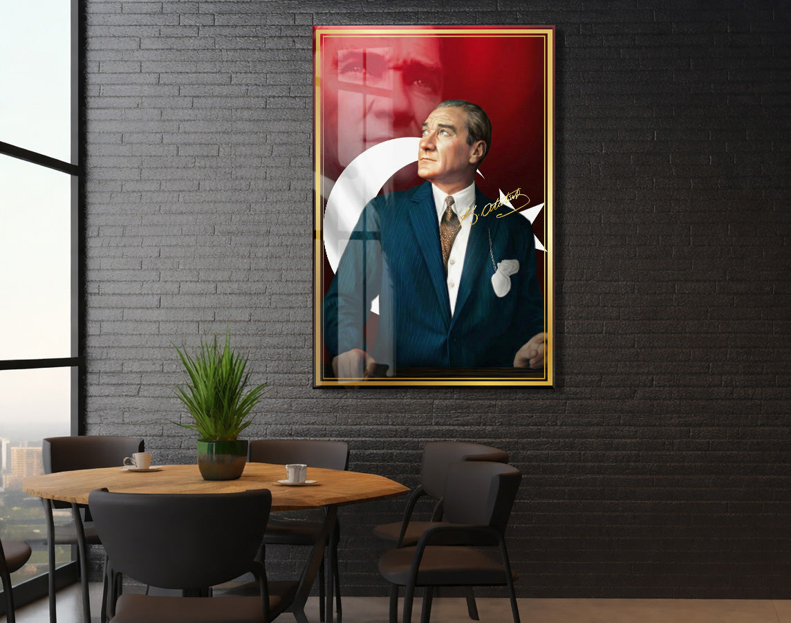 Mustafa Kemal Atatürk Türk Bayraklı Cam Tablo | İmzalı 4 mm Temperli UV Baskılı Premium Duvar Tablosu -PeonyAta1304
