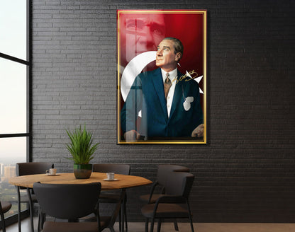 Mustafa Kemal Atatürk Türk Bayraklı Cam Tablo | İmzalı 4 mm Temperli UV Baskılı Premium Duvar Tablosu -PeonyAta1304