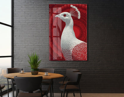 Mistik Kırmızı Arka Planlı Tavus Kuşu Cam Tablo – Lüks ve Sanatsal Duvar Dekoru - Peony083