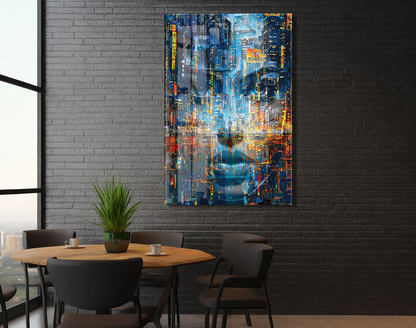 Neon Şehir Yansımaları Cam Tablo – Modern Metropol ve Gece Işıkları Duvar Sanatı - Peony031