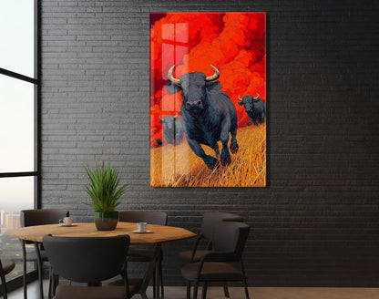 Koşan Boğa Figürlü Cam Tablo – Kırmızı Arka Planlı Modern Güç Temalı Duvar Dekoru - Peony074
