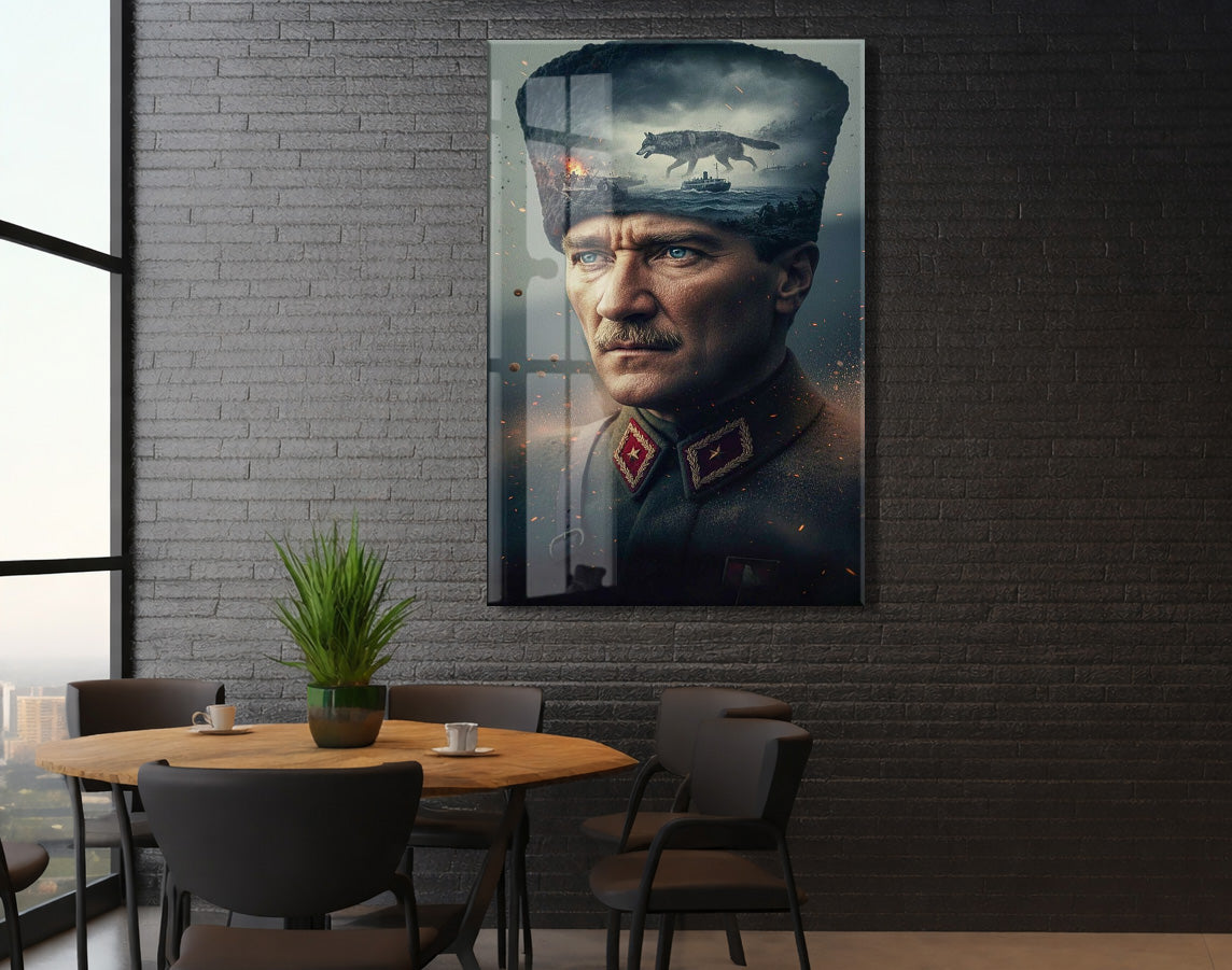 Atatürk Askeri Portre Cam Tablo – Kurtuluş Savaşı ve Liderlik Temalı 4 mm Temperli Cam -PeonyAta055