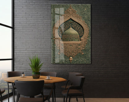 Yeşil Kubbe Cam Tablo | Medine Mescid-i Nebevi Temalı İslami Hat Sanatı, Altın Detaylı Premium UV Baskı Temperli Cam Duvar Dekoru - PeonyDini0102