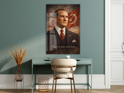 Hayatta En Hakiki Mürşit İlimdir , Mustafa Kemal Atatürk Cam Tablo- PeonyAta001