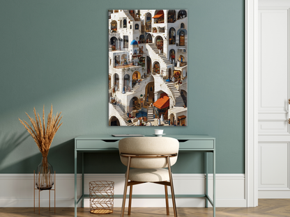 Modern Akdeniz Mimari Cam Tablo – Sokak ve Merdiven Temalı Sanatsal UV Baskılı Temperli Cam Duvar Tablosu - Peony018