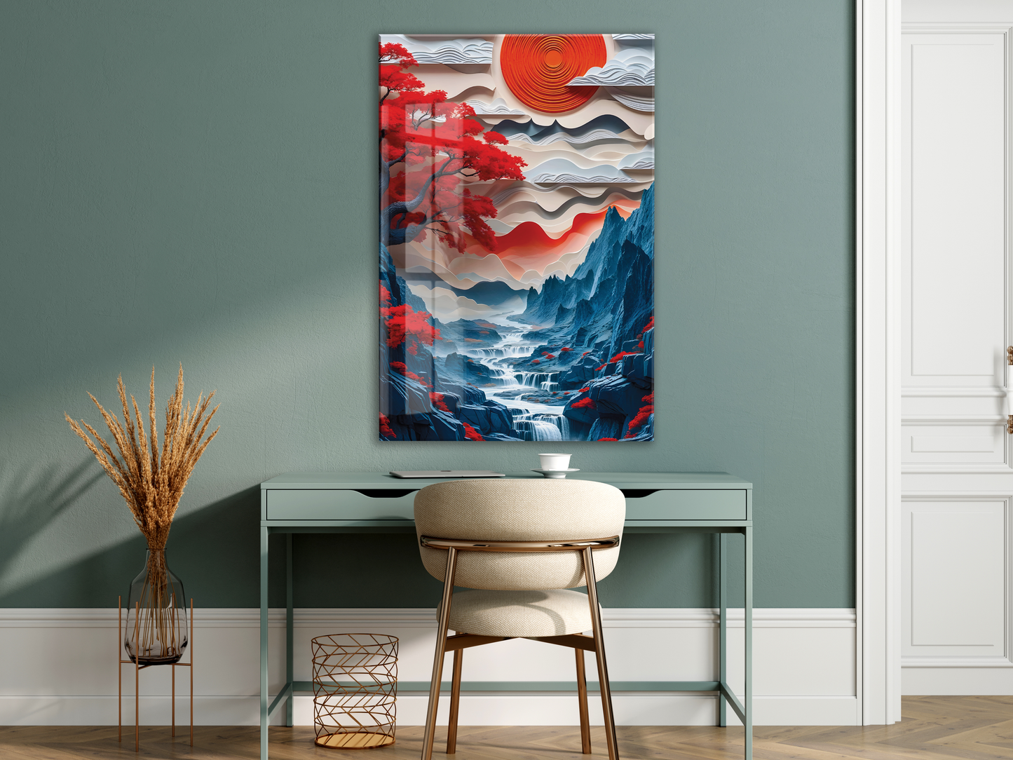 Modern Soyut Asya Manzarası Cam Tablo – Kızıl Güneş ve Dağ Temalı Sanatsal UV Baskılı Temperli Cam Duvar Tablosu - Peony009