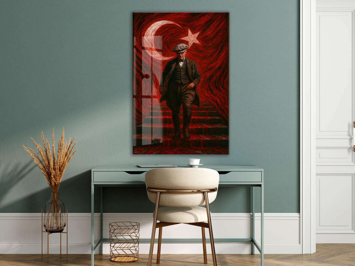 Atatürk Sanatsal Cam Tablo – Ay Yıldızlı Kırmızı Fonlu Devrim Temalı Duvar Sanatı -PeonyAta062