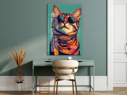 Gözlüklü Hipster Kedi Cam Duvar Tablosu – Modern ve Cool Tasarım - Peony129