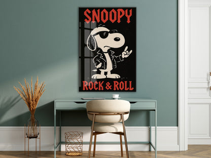 Snoopy Rock & Roll Tasarım Cam Tablo – Genç Odası Duvar Dekoru - Peony108