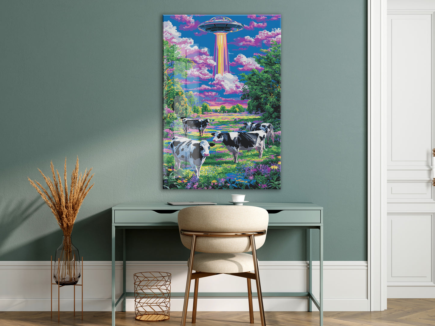 UFO ve Renkli Tarlada İnekler – Fantastik Manzara Duvar Tablosu - Peony128