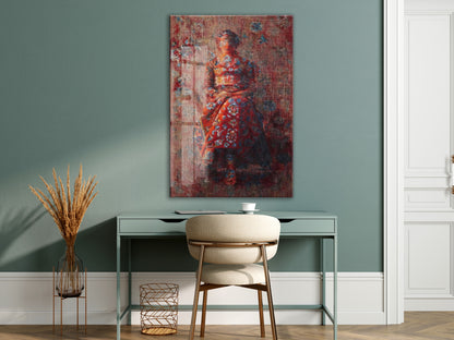 Oryantal Desenli Kırmızı Elbiseli Kadın Figürlü Cam Tablo – Sanatsal ve Vintage Duvar Dekoru - Peony059