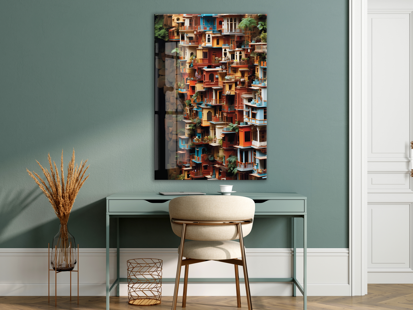 Modern Renkli Şehir Cepheleri Cam Tablo – Mimari ve Kentsel Sanat Temalı UV Baskılı Temperli Cam Duvar Tablosu - Peony019