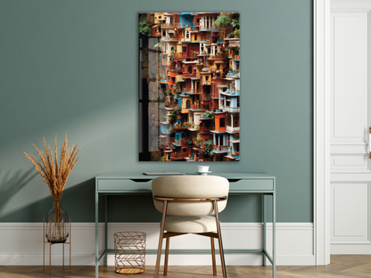 Modern Renkli Şehir Cepheleri Cam Tablo – Mimari ve Kentsel Sanat Temalı UV Baskılı Temperli Cam Duvar Tablosu - Peony019