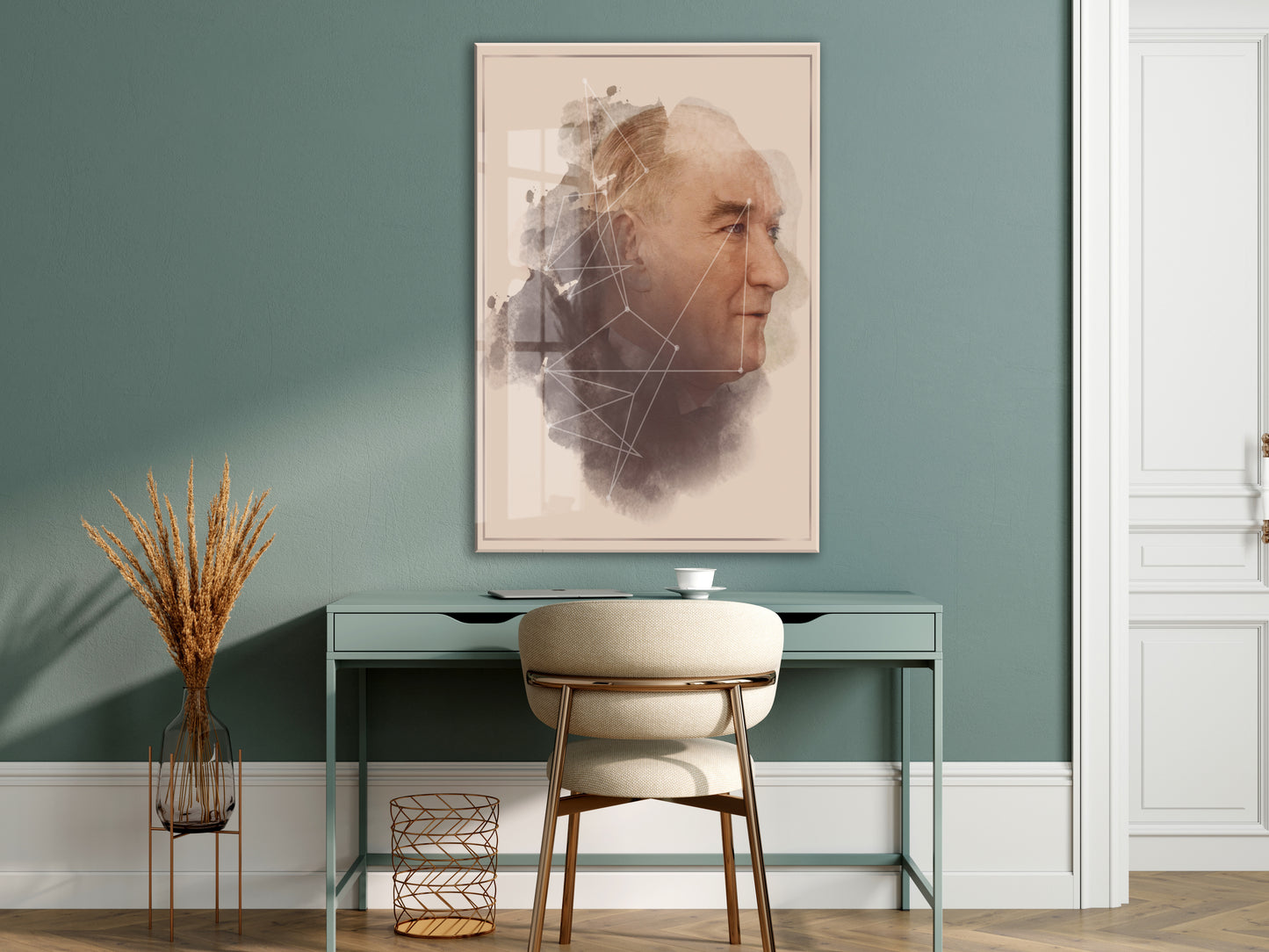 Modern Sanatsal Atatürk Profil Cam Tablo – Akıl ve Vizyonu Simgeleyen 4 mm Temperli Cam Duvar Dekoru -PeonyAta1011