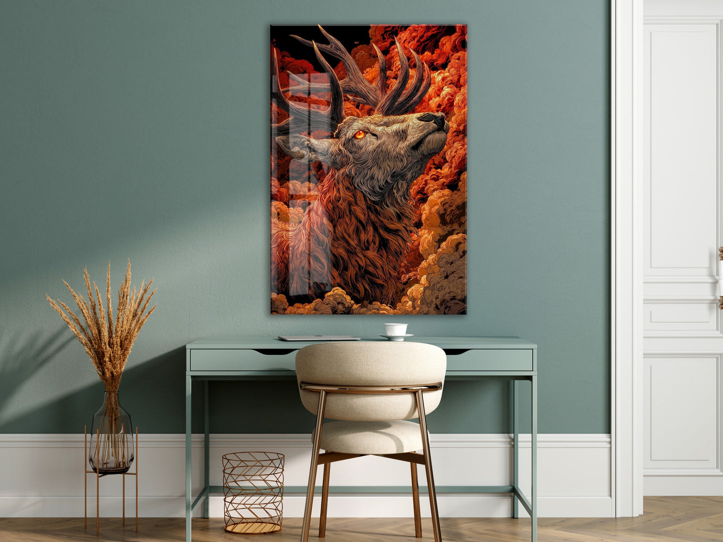 Asaletin Sembolü Geyik Cam Tablo – Ateş Tonlu Lüks Duvar Dekoru- Peony082