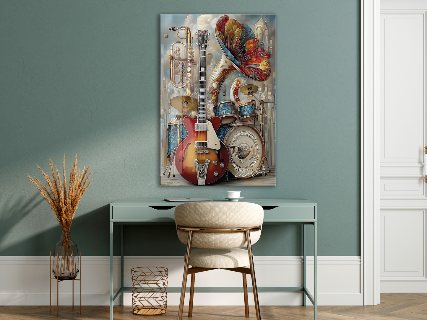 Modern Müzik Temalı Cam Tablo – Gitar, Trompet ve Davul Detaylı, Sanatsal UV Baskılı Temperli Cam Duvar Dekoru - Peony043