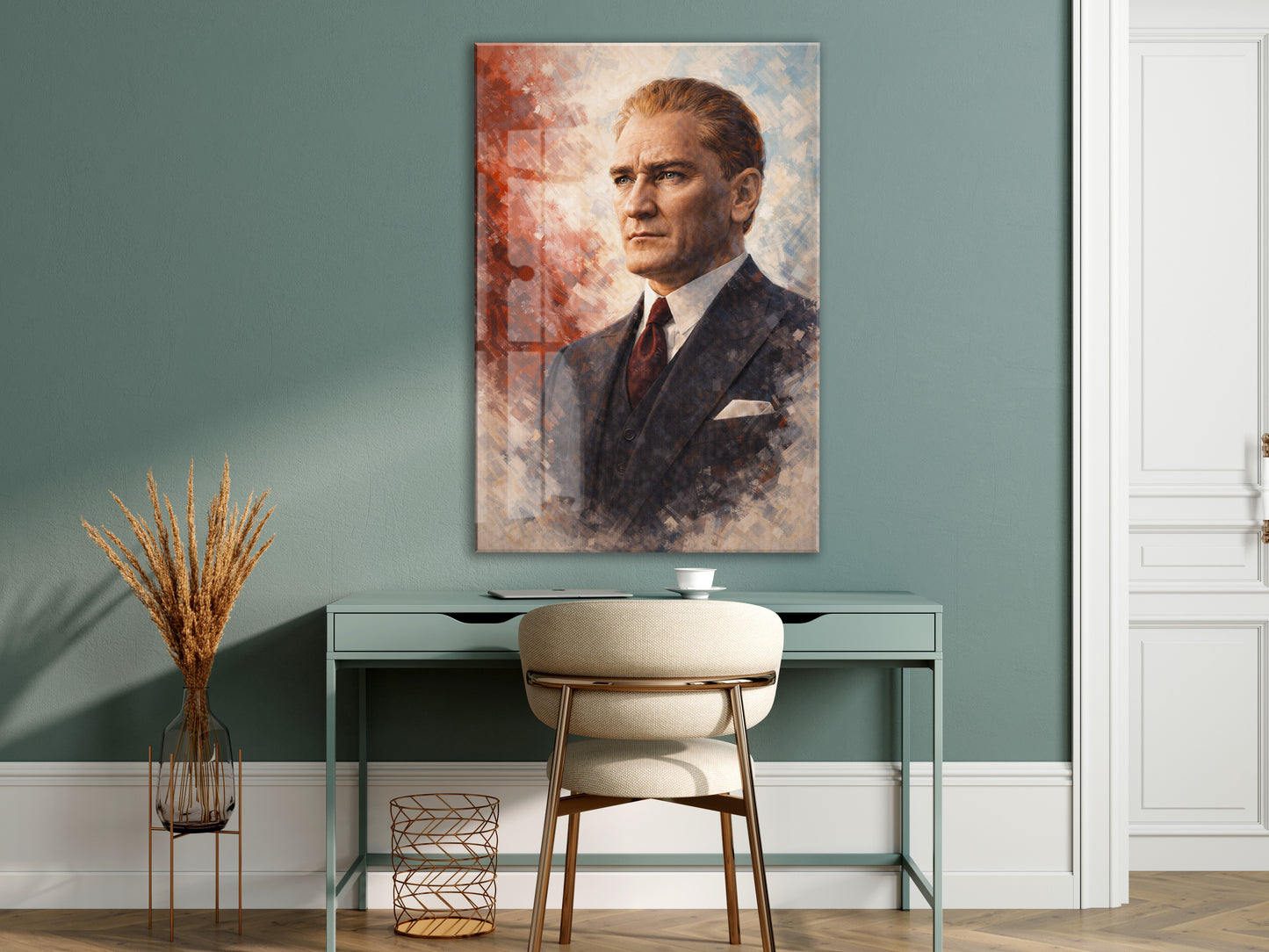 Atatürk Portresi Cam Baskı Tablo | Modern Sanatsal Stil, 4mm Temperli Cam, Yüksek Çözünürlüklü UV Baskı, Ofis ve Salon Duvar Dekoru  PeonyAta039