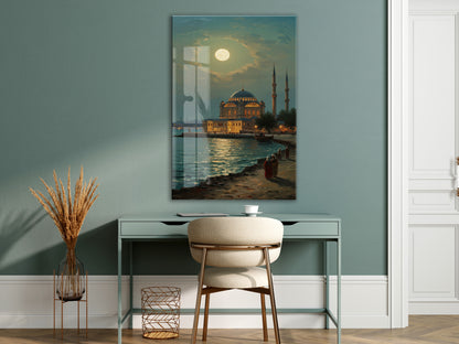 Dolunay Altında İstanbul Camii – Ay Işığında Osmanlı Mimarisi Cam Tablo - PeonyOsm007