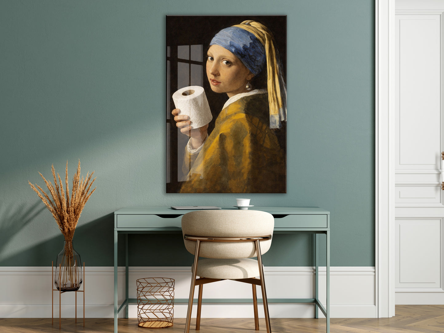 Banyo Dekoruna Özel Mizahi Cam Tablo – Klasik Sanat Modern Dokunuş- Peony091