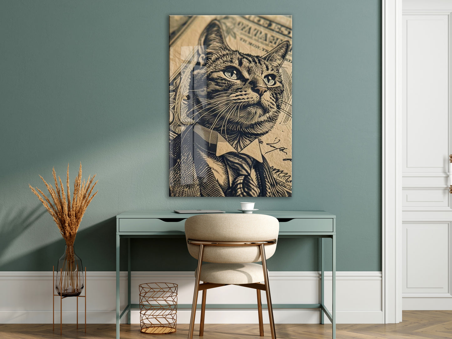 Business Cat Art – Retro Banknot Stil Cam Duvar Dekoru - Peony115