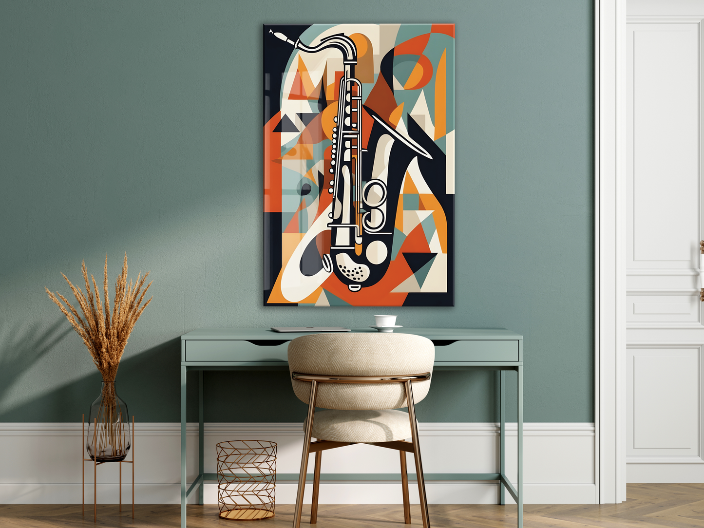 Soyut Saksafon Cam Tablo – Modern Jazz Temalı, UV Baskılı Temperli Cam Duvar Dekoru - Peony041