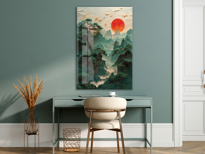 Modern Asya Manzarası Cam Tablo – Dağ ve Kızıl Güneş Temalı Sanatsal UV Baskılı Temperli Cam Duvar Tablosu - Peony008