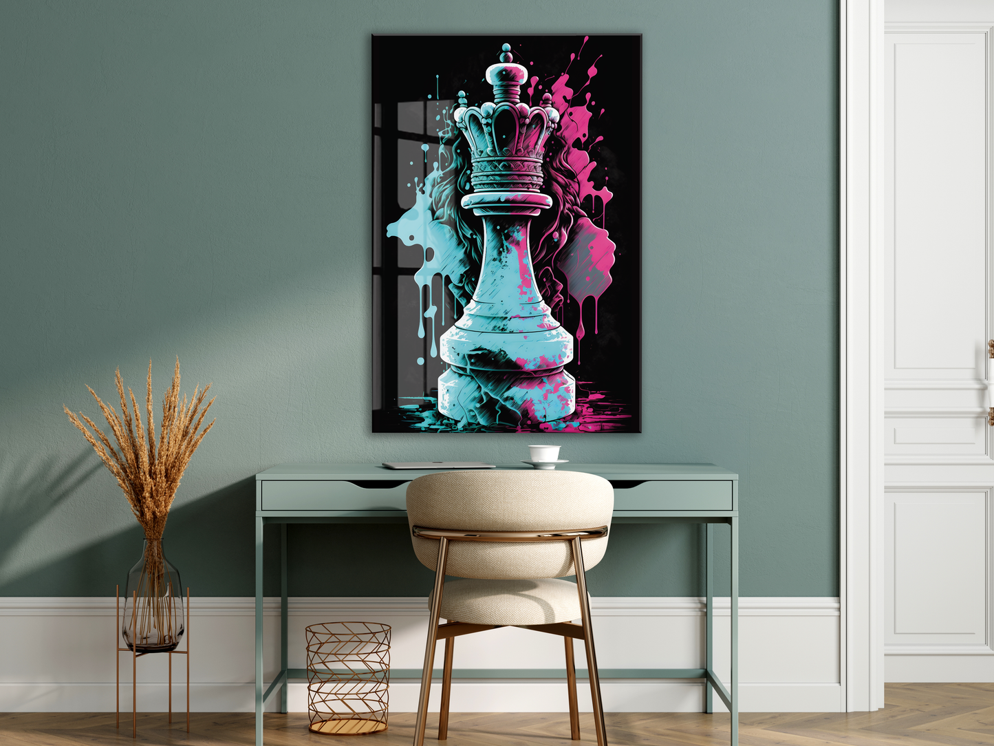 Satranç Kralı Cam Tablo – Güç ve Strateji Temalı Modern Pop Art, UV Baskılı Temperli Cam Duvar Tablosu - Peony037