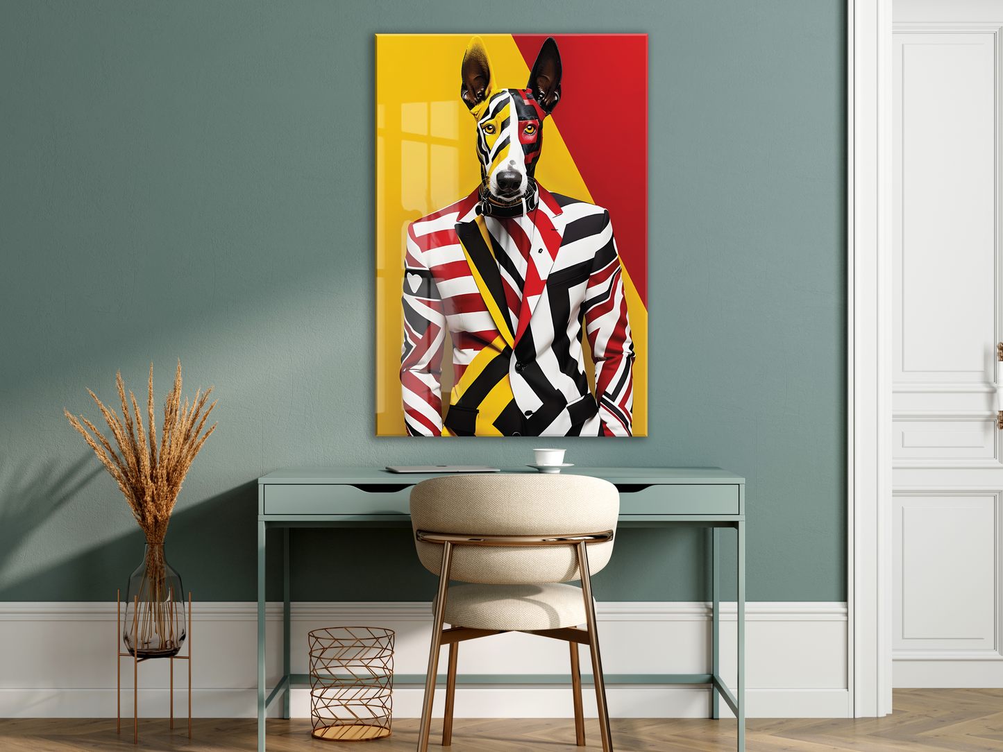 Modern Pop Art Köpek Portresi Cam Tablo – Renkli ve Şık Sanatsal UV Baskılı Temperli Cam Duvar Tablosu - Peony012