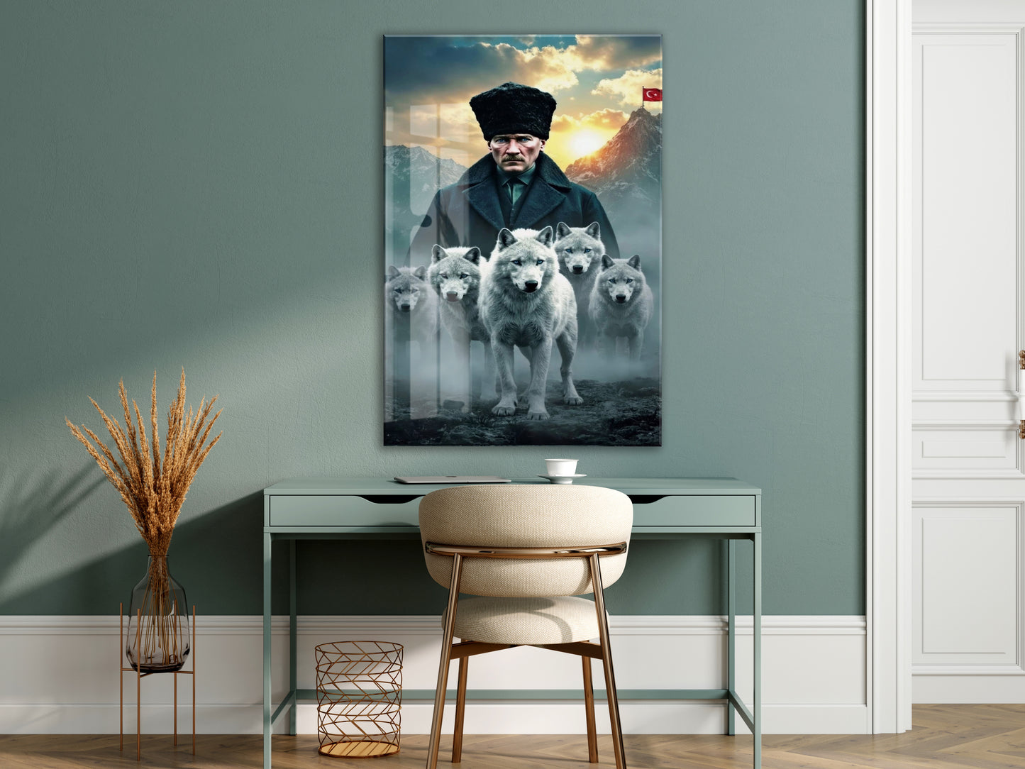 Atatürk ve Kurtlar Cam Baskı Tablo | Güç ve Liderlik Temalı Modern Sanatsal Duvar Dekoru, 4mm Temperli Cam, Yüksek Çözünürlüklü UV Baskı PeonyAta043