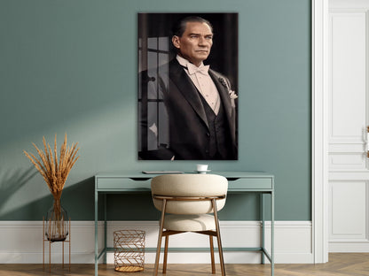 Atatürk Fraklı Cam Tablo – Klasik ve Asil Liderlik Temalı Premium Cam Duvar Tablosu -PeonyAta063