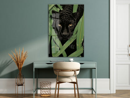 Tropikal Yapraklar Arasında Siyah Panter Cam Tablo – Gizem ve Güç Temalı Duvar Dekoru- Peony088