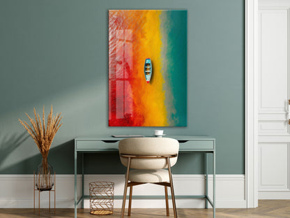 Kırmızı, Sarı ve Turkuaz Geçişli Deniz – Minimal Tekne Duvar Tablosu - Peony136