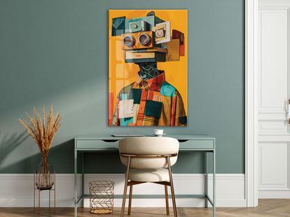 Modern Soyut Robot Figürlü Cam Tablo – Renkli Dijital Sanat Temalı UV Baskılı Temperli Cam Duvar Tablosu - Peony013