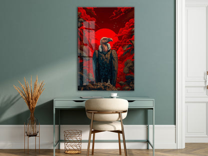 Kızıl Güneş Fonlu Akbaba Cam Tablo – Güç ve Hakimiyet Temalı Modern Duvar Dekoru - Peony079