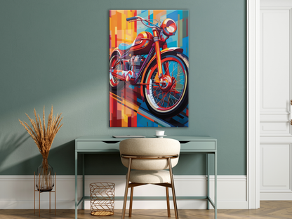 Retro Motosiklet Cam Tablo – Modern Geometrik Stil, Renkli UV Baskılı Temperli Cam Duvar Tablosu - Peony039