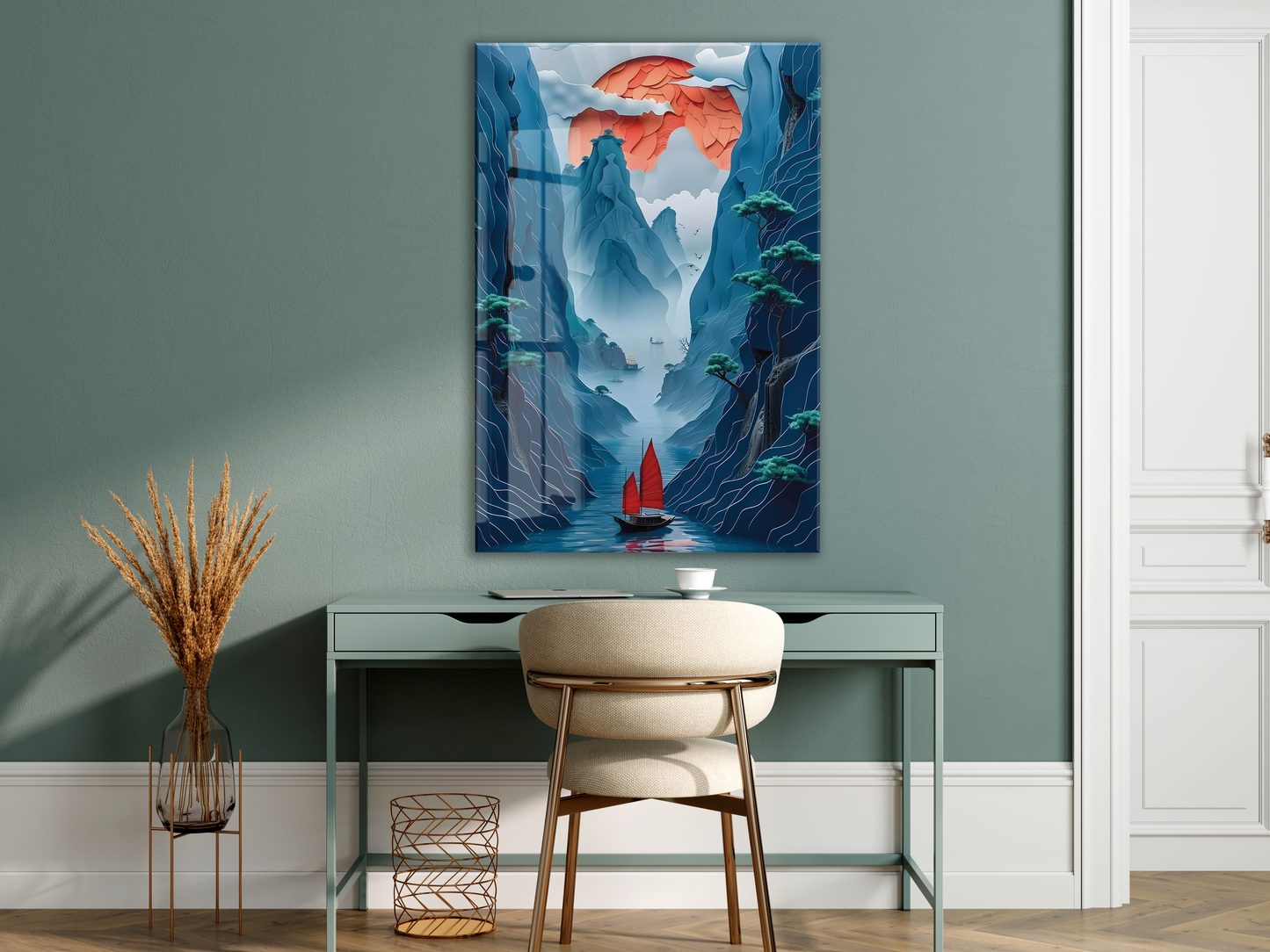 Modern Asya Esintili Doğa Cam Tablo – Dağ ve Nehir Temalı Sanatsal UV Baskılı Temperli Cam Duvar Tablosu - Peony007