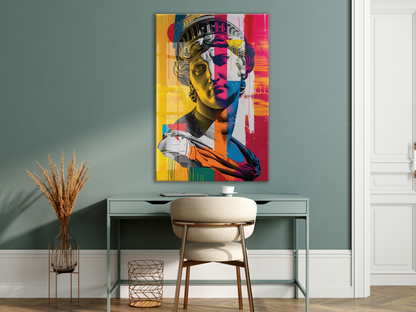 Modern Pop Art Heykel Portre Cam Tablo – Renkli Sanat Temalı UV Baskılı Temperli Cam Duvar Tablosu - Peony010