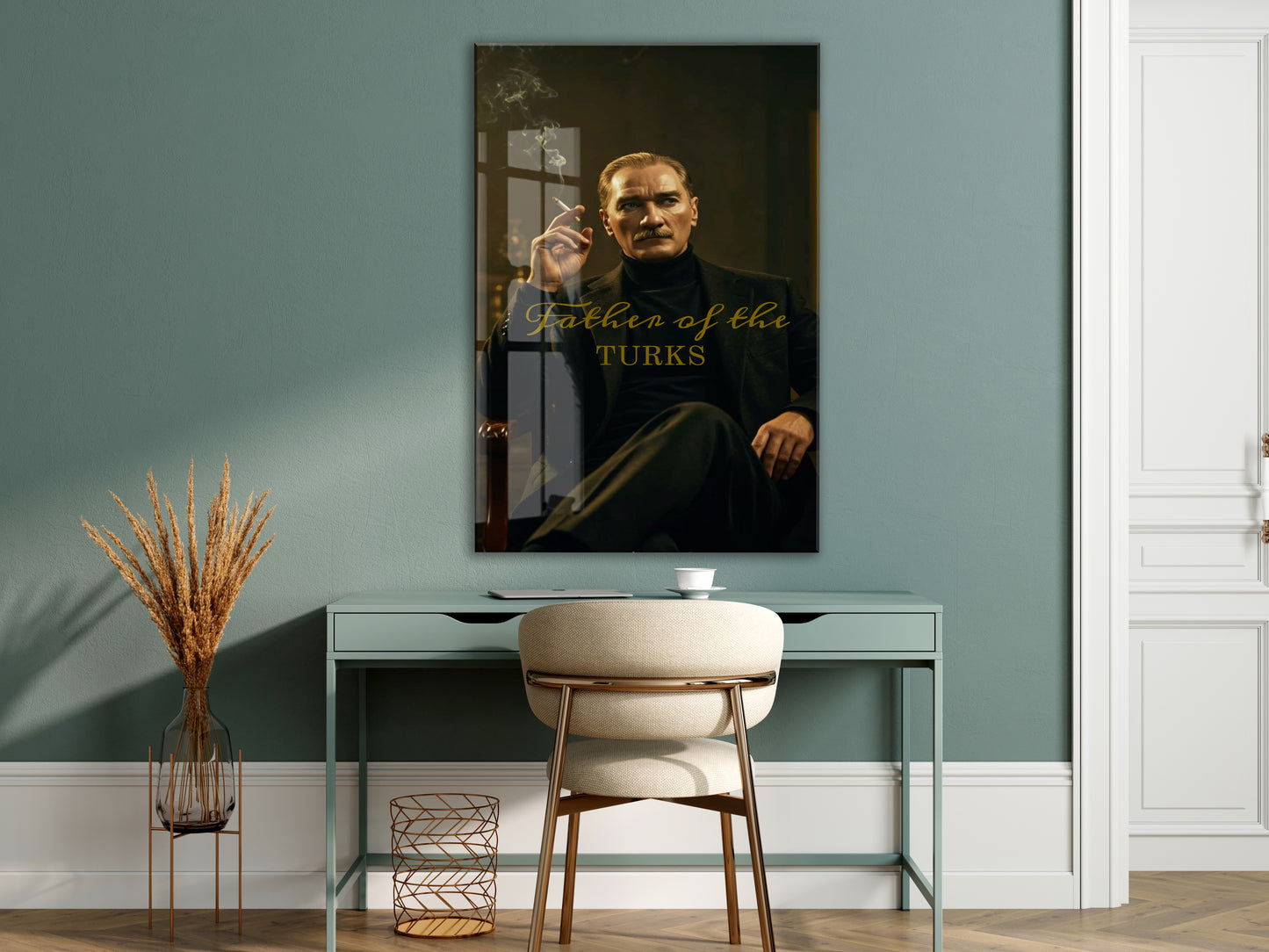 Father of the Turks Atatürk Cam Tablo | Gold Yazı Detaylı Modern Portre, Premium UV Baskı Temperli Cam Atatürk Duvar Dekoru PeonyAta051