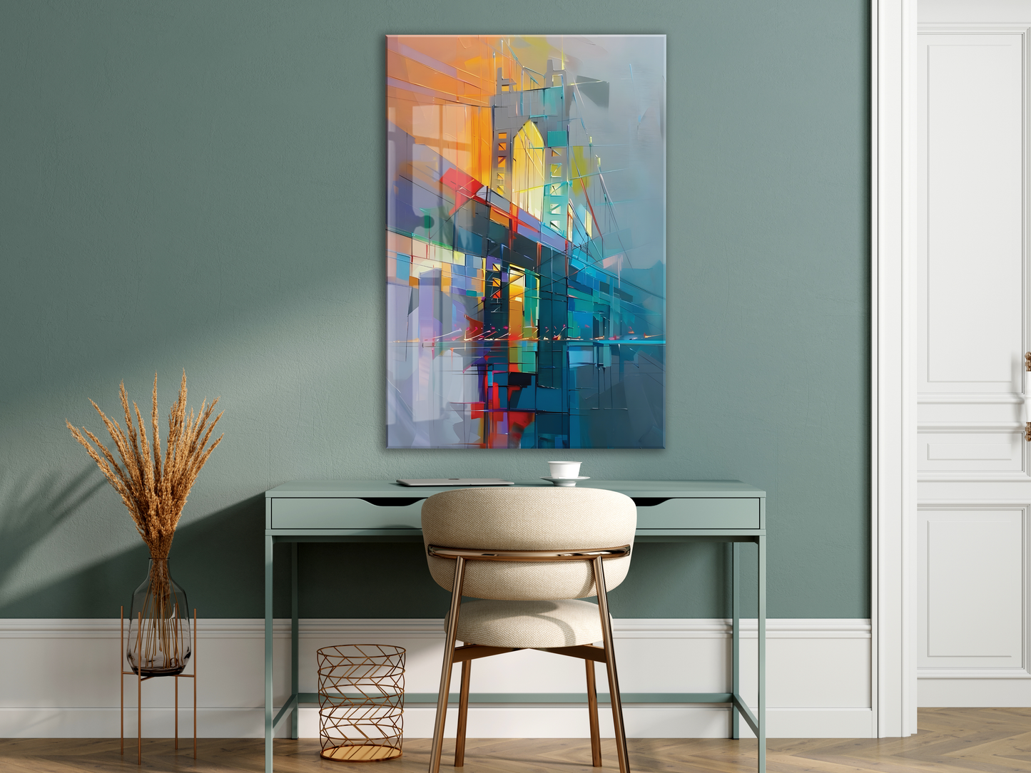Modern Şehrin Ritmi – Soyut Mimari ve Işık Temalı Cam Tablo- Peony048