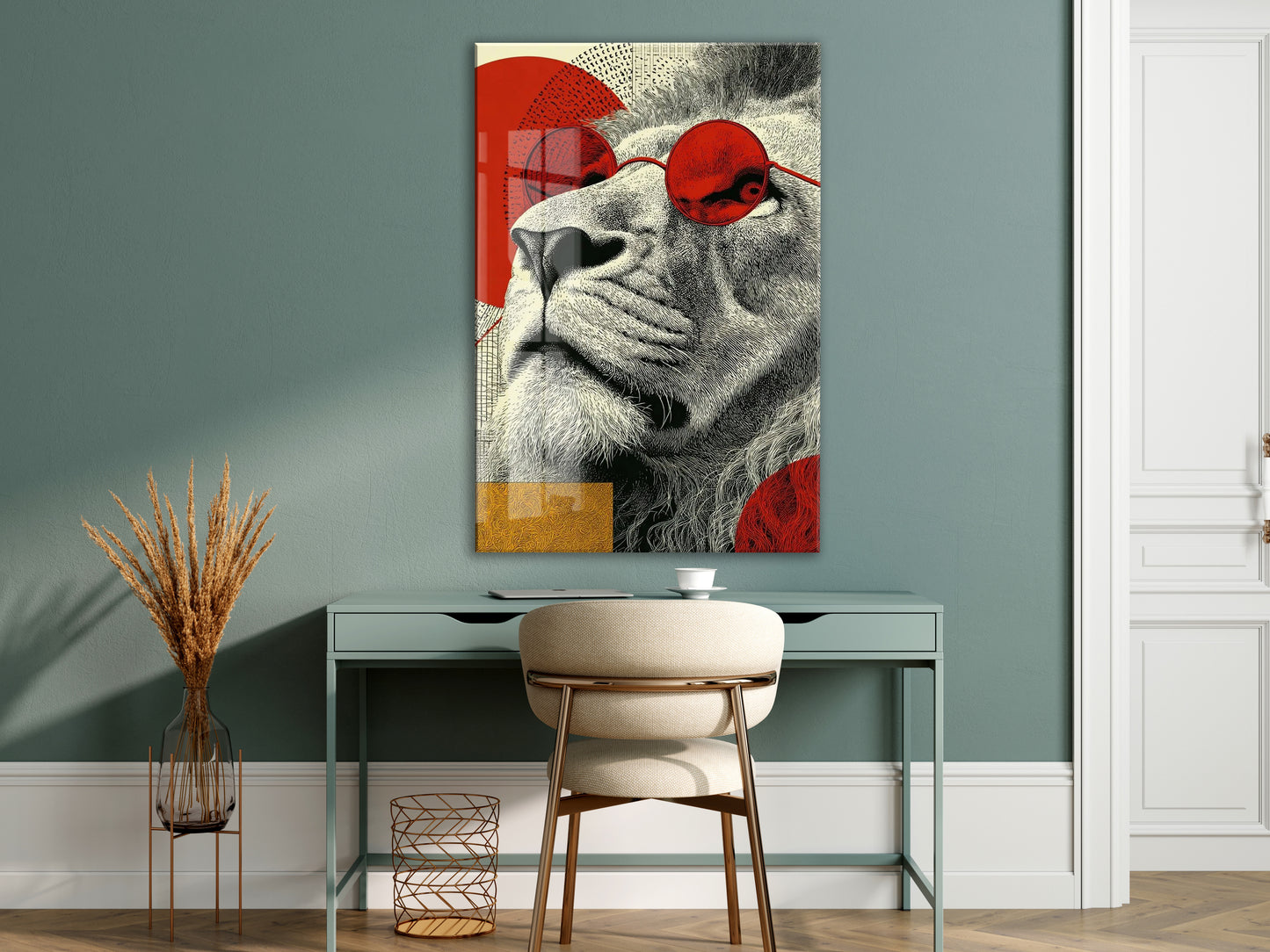 Lider Ruhlu Aslan Cam Tablo – Kırmızı Detaylı Modern Pop Art Duvar Dekoru - Peony080