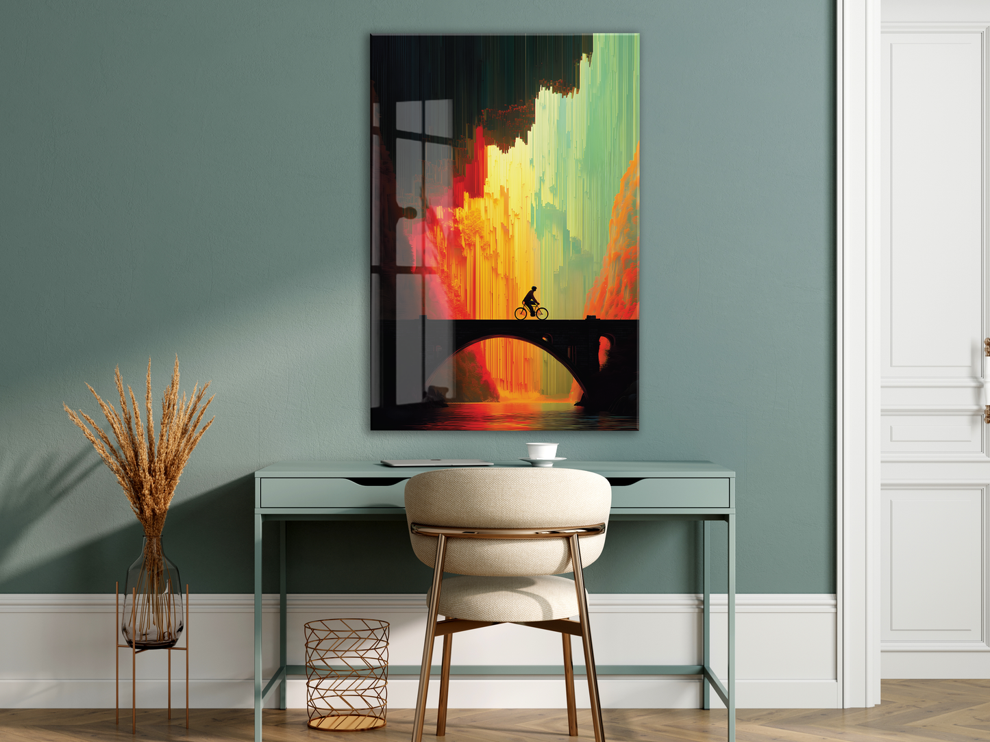 Modern Soyut Köprü ve Yolculuk Cam Tablo – Gün Batımı Renk Geçişli Sanatsal UV Baskılı Temperli Cam Duvar Tablosu - Peony017