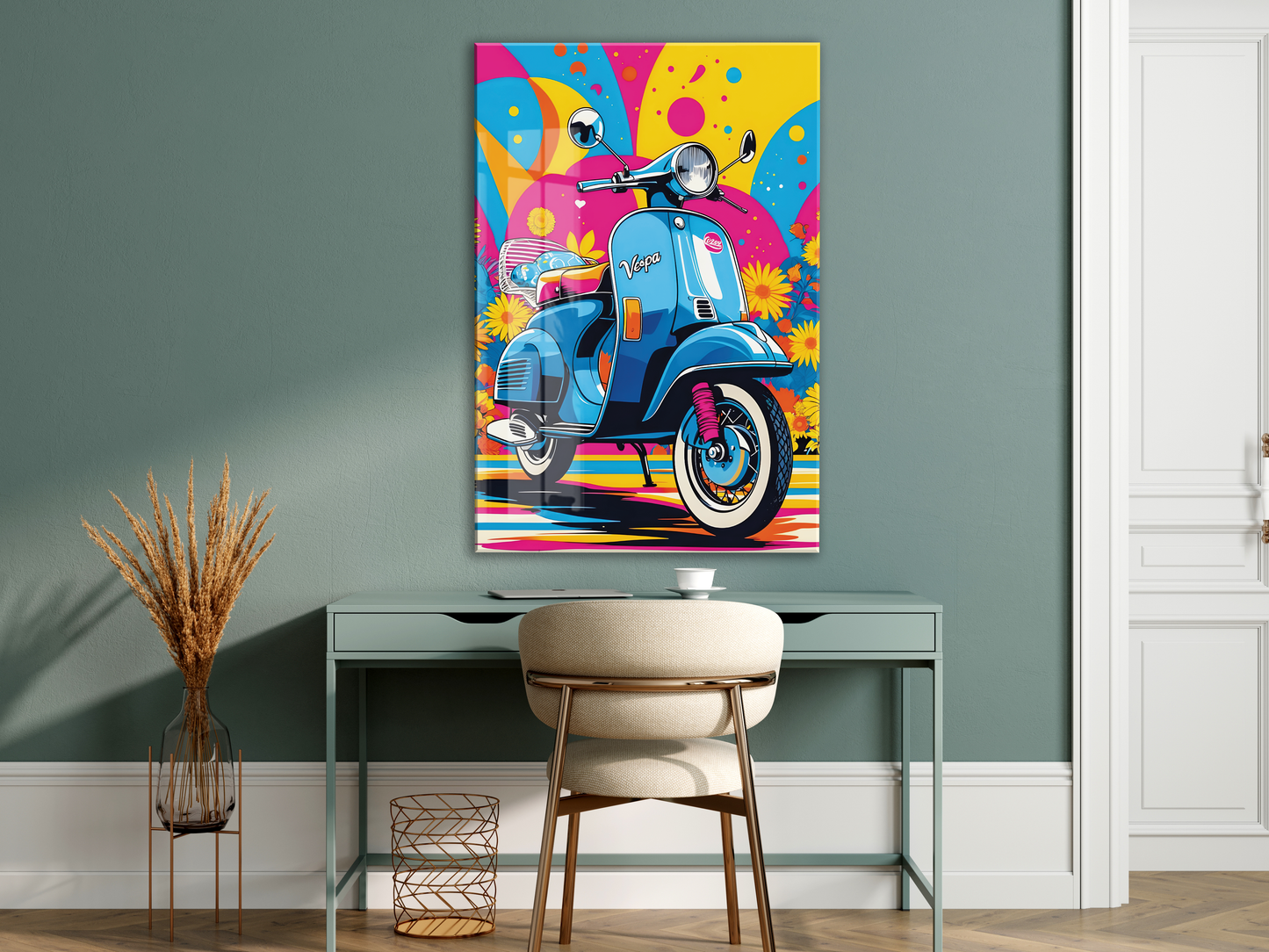 Renkli Vespa Scooter Cam Tablo – Pop Art Stil, UV Baskılı Temperli Cam Duvar Dekoru - Peony040